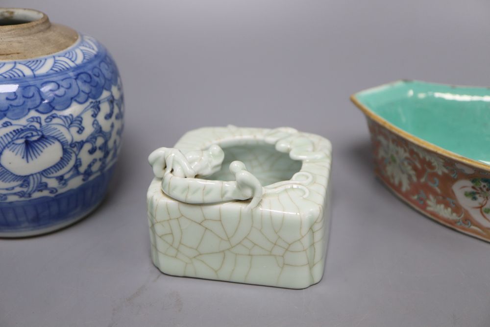 A Chinese blue and white jar, a crackleglazed dragon brush washer and an enamelled dish